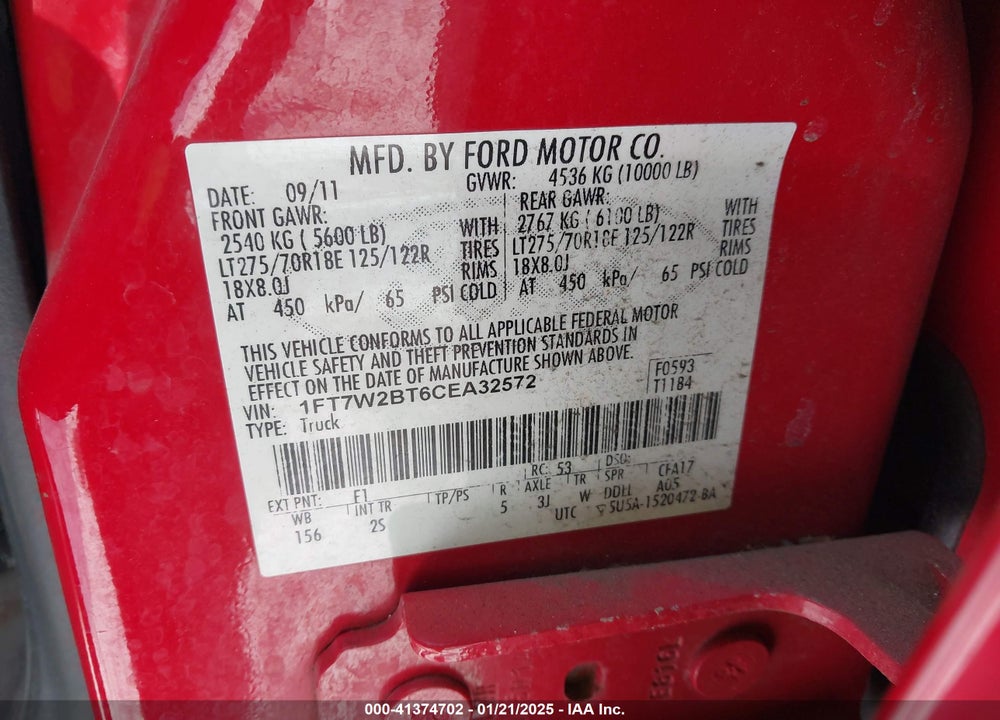 2012 FORD F-250 VIN: 1FT7W2BT6CEA32572