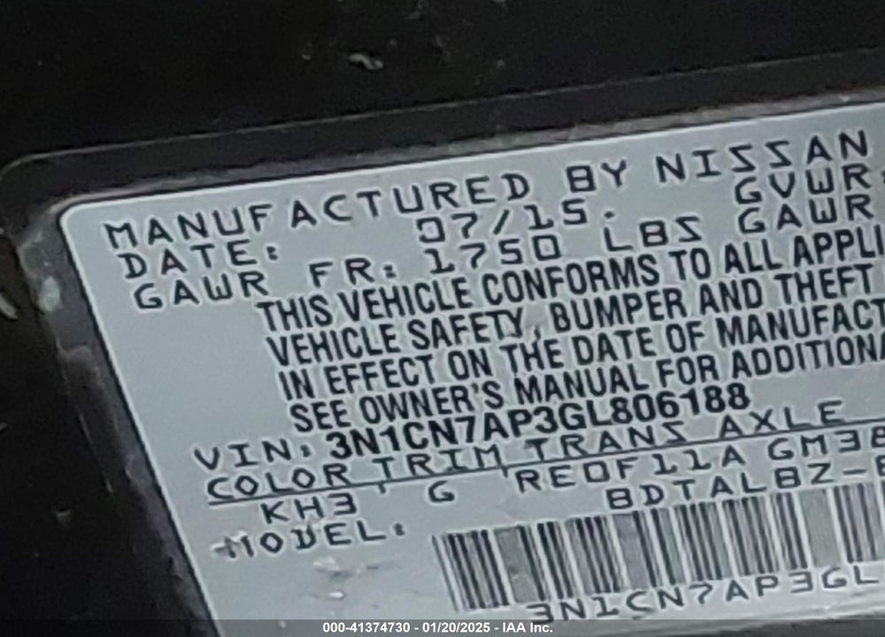 2016 NISSAN VERSA VIN: 3N1CN7AP3GL806188