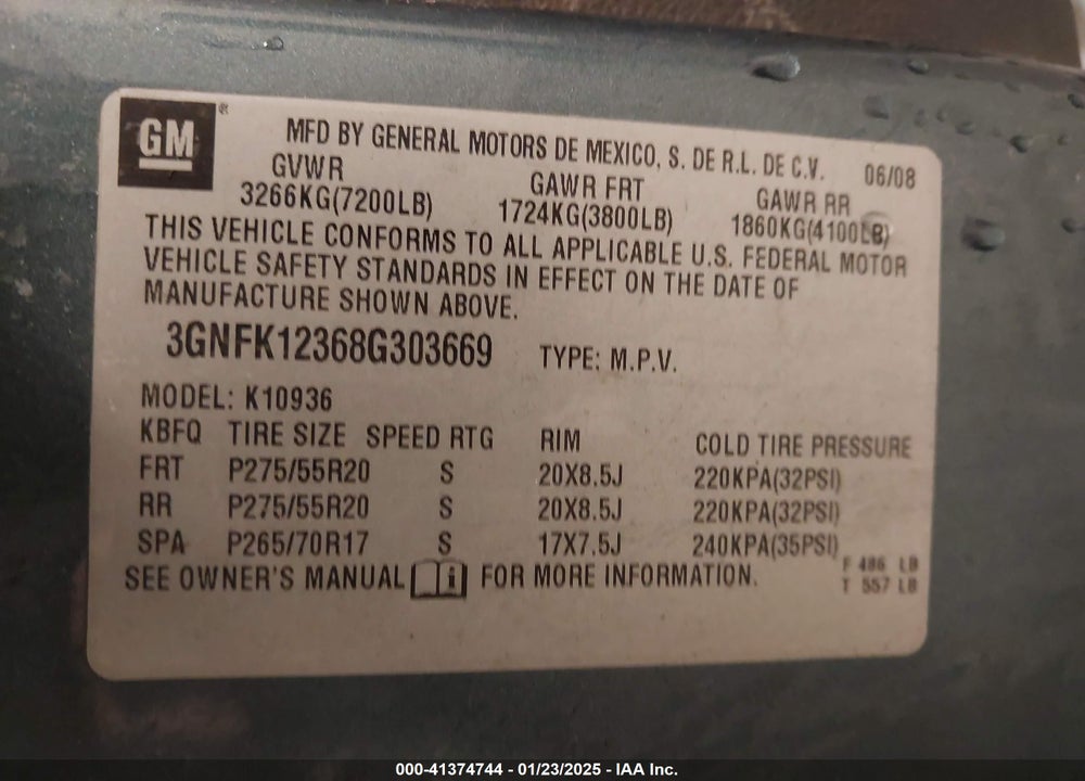 2008 CHEVROLET AVALANCHE 1500 VIN: 3GNFK12368G303669