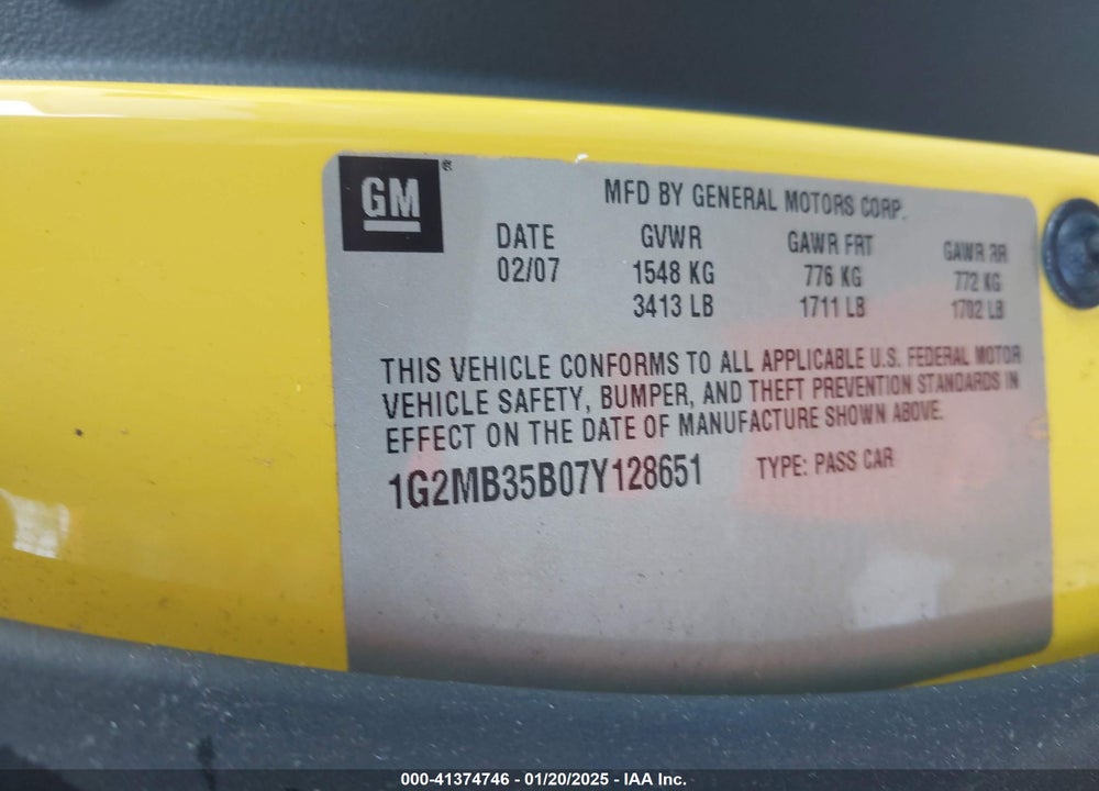 2007 PONTIAC SOLSTICE VIN: 1G2MB35B07Y128651