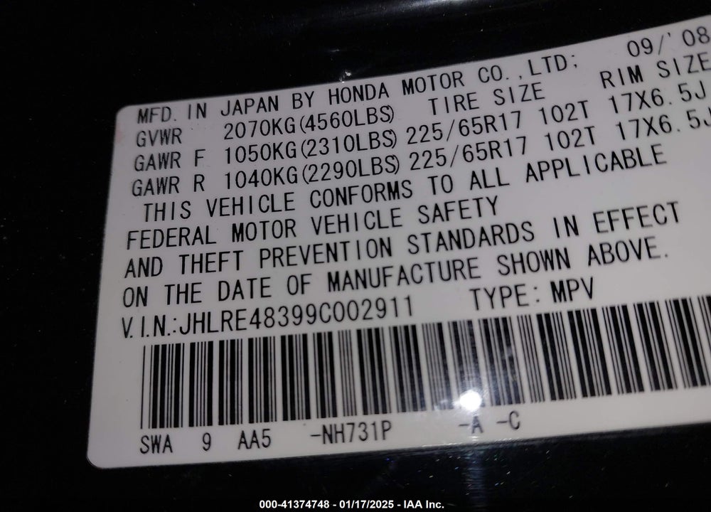 2009 HONDA CR-V LX VIN: JHLRE48399C002911