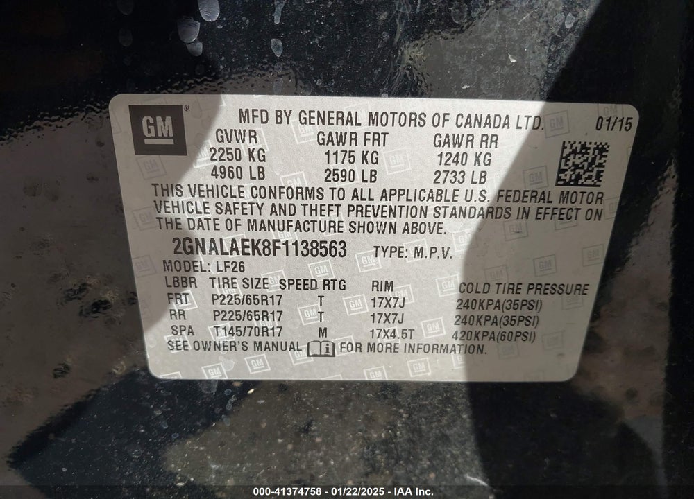 2015 CHEVROLET EQUINOX LS VIN: 2GNALAEK8F1138563