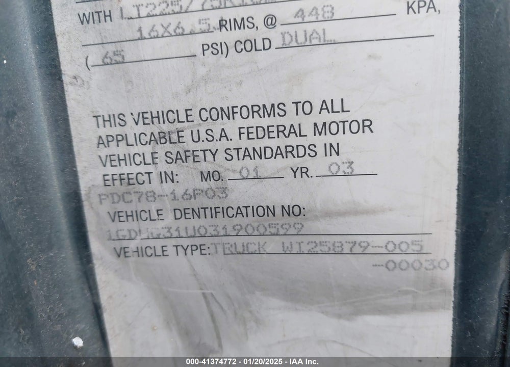 2003 GMC SAVANA CUTAWAY STANDARD W/C7A VIN: 1GDHG31U031900599