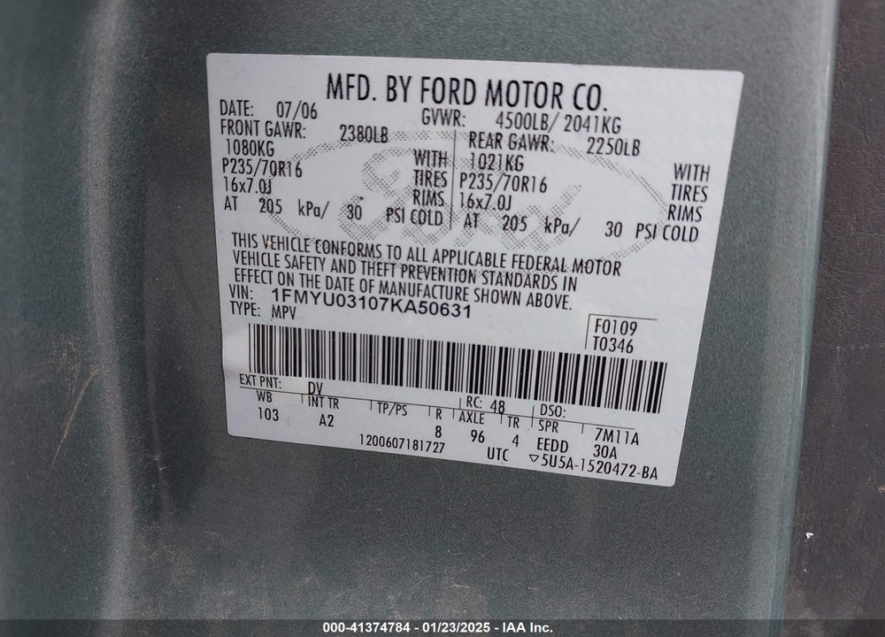 2007 FORD ESCAPE XLT/XLT SPORT VIN: 1FMYU03107KA50631