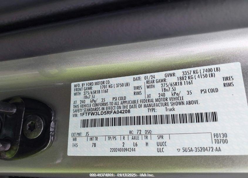 2024 FORD F-150 VIN: 1FTFW3LD5RFA04208