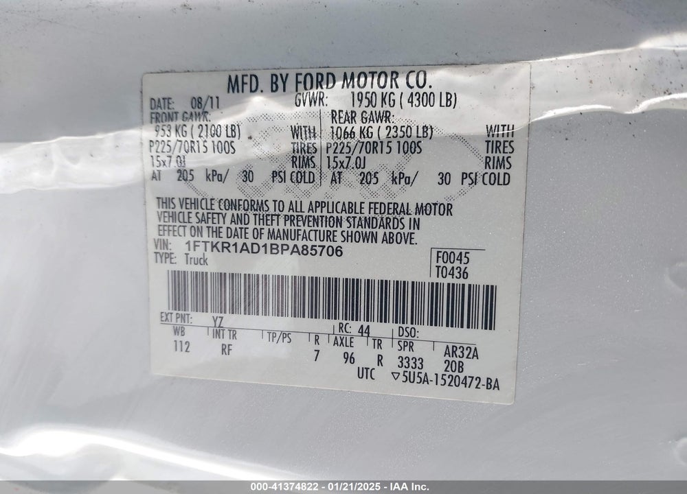 2011 FORD RANGER VIN: 1FTKR1AD1BPA85706