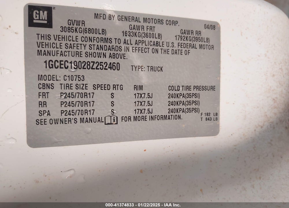 2008 CHEVROLET SILVERADO 1500 WORK TRUCK VIN: 1GCEC19028Z252460