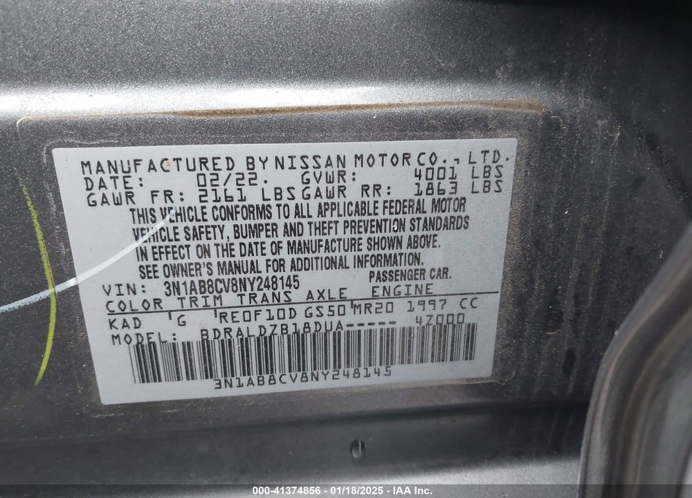 2022 NISSAN SENTRA VIN: 3N1AB8CV8NY248145