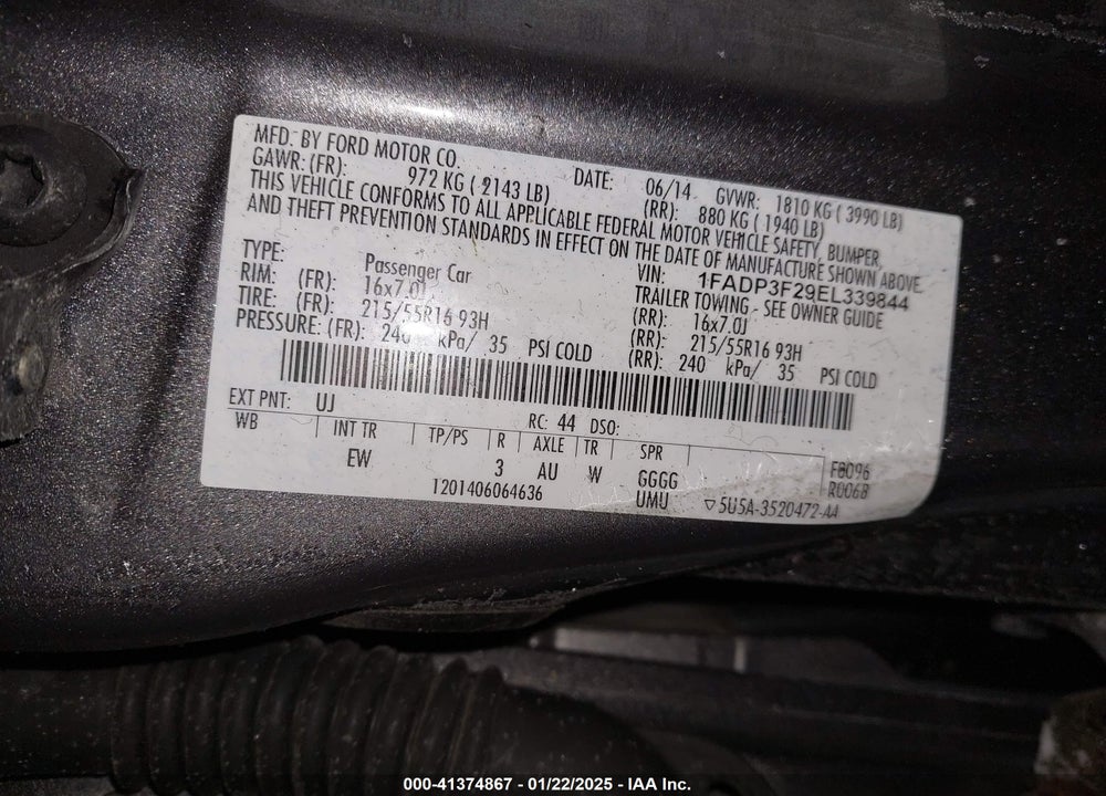 2014 FORD FOCUS VIN: 1FADP3F29EL339844