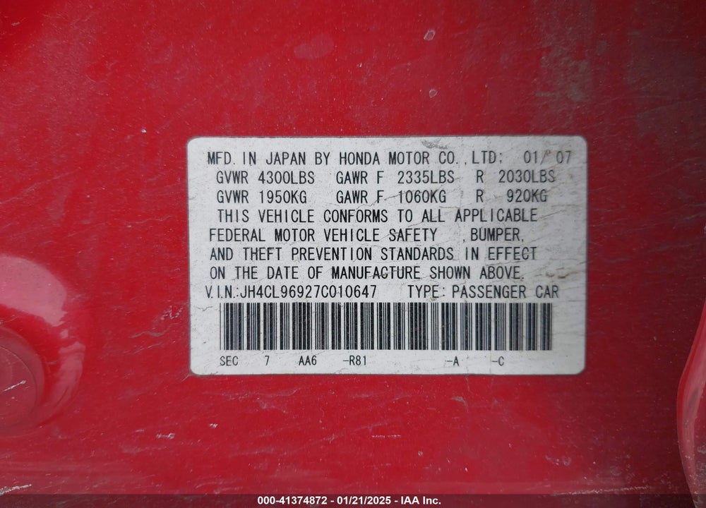 2007 ACURA TSX VIN: JH4CL96927C010647