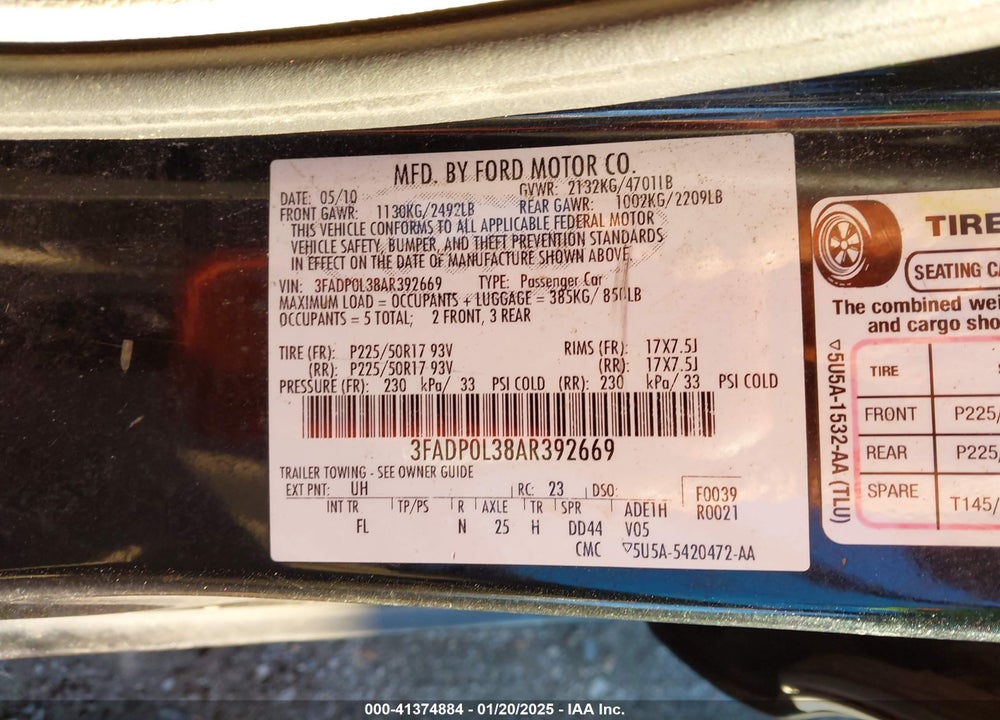 2010 FORD FUSION HYBRID VIN: 3FADP0L38AR392669