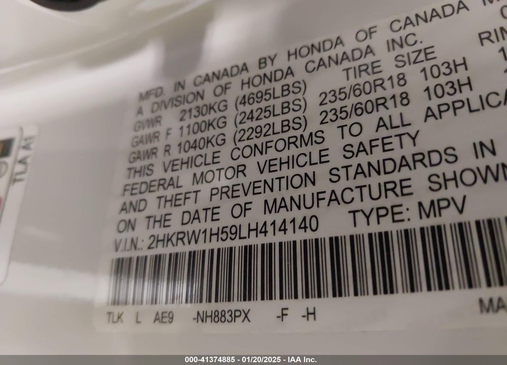 2020 HONDA CR-V 2WD EX VIN: 2HKRW1H59LH414140