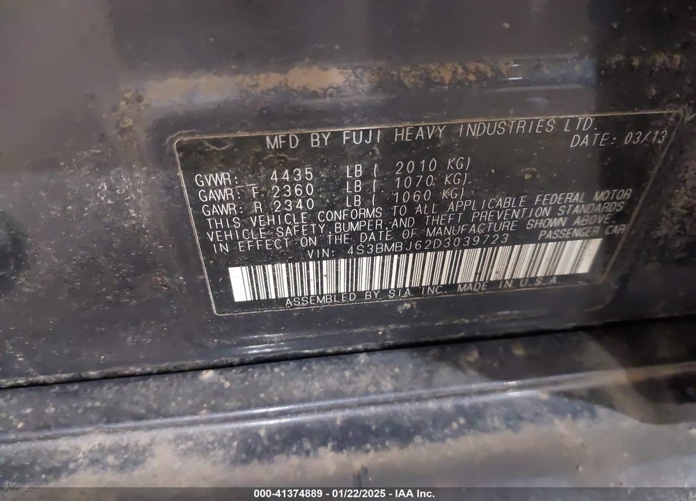 2013 SUBARU LEGACY VIN: 4S3BMBJ62D3039723