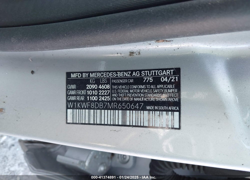 2021 MERCEDES-BENZ C 300 SEDAN VIN: W1KWF8DB7MR650647