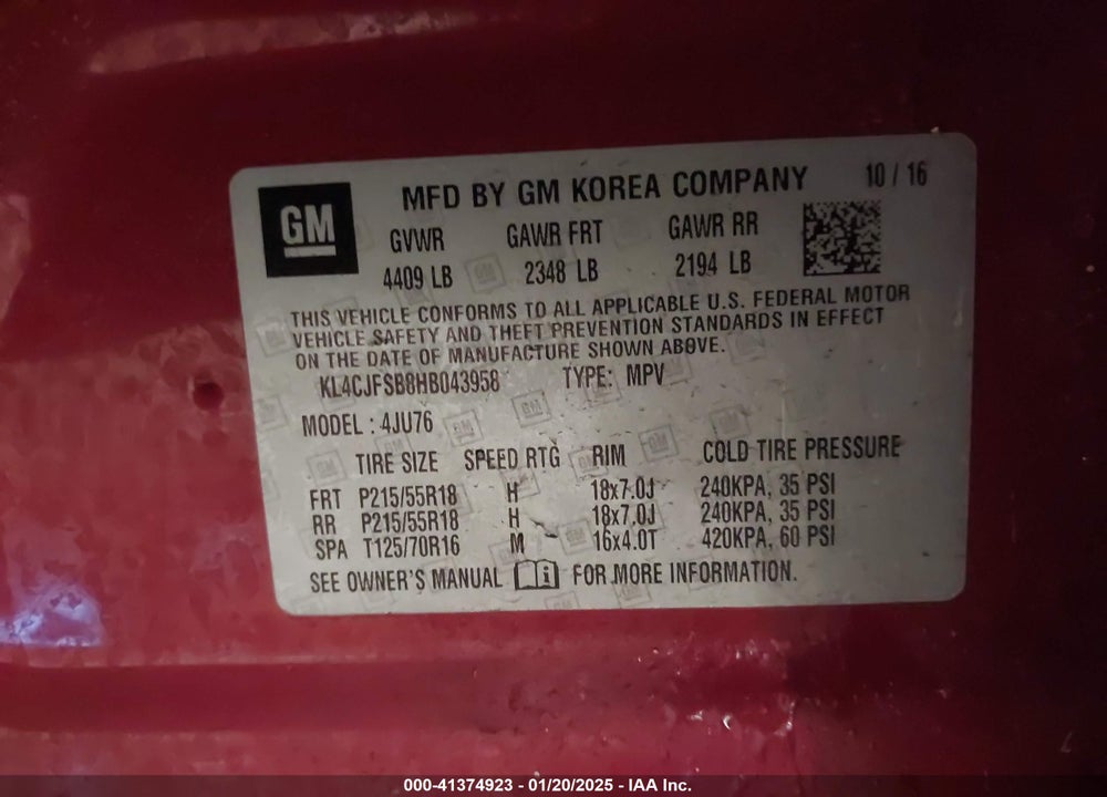 2017 BUICK ENCORE PREFERRED II VIN: KL4CJFSB8HB043958