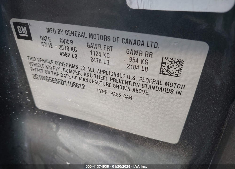 2013 CHEVROLET IMPALA VIN: 2G1WG5E36D1108812