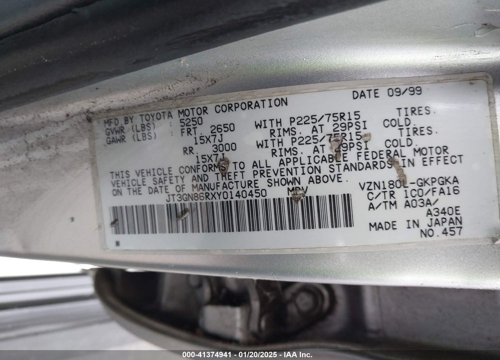 2000 TOYOTA 4RUNNER SR5 V6 VIN: JT3GN86RXY0140450