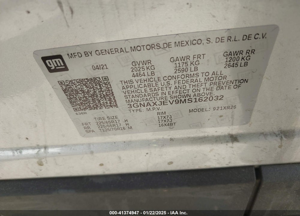 2021 CHEVROLET EQUINOX FWD 2FL VIN: 3GNAXJEV9MS162032