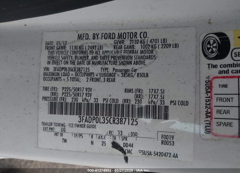 2012 FORD FUSION HYBRID VIN: 3FADP0L35CR387125