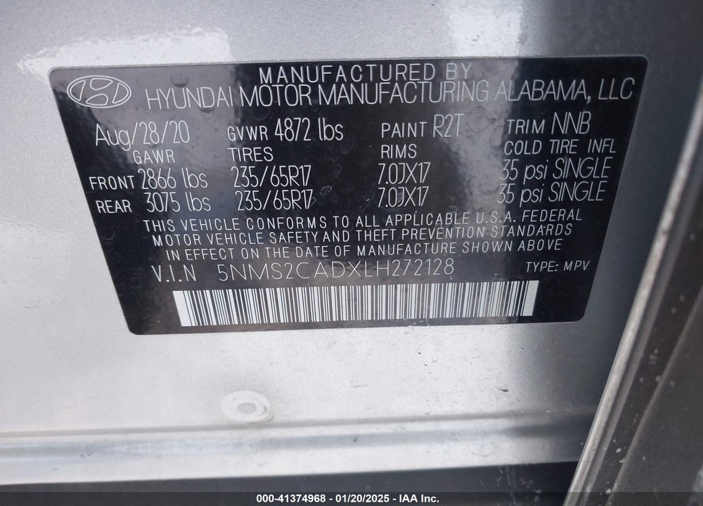 2020 HYUNDAI SANTA FE SE VIN: 5NMS2CADXLH272128