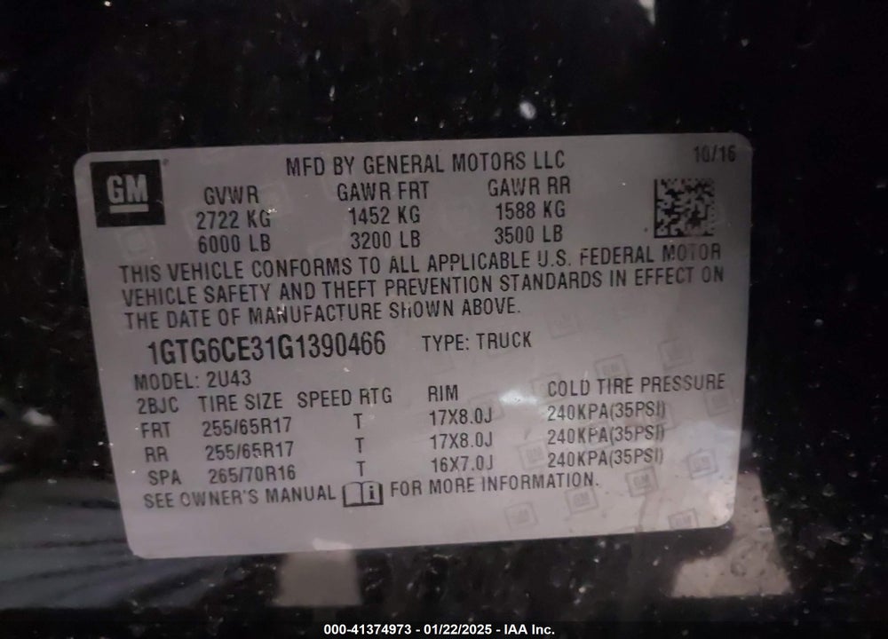 2016 GMC CANYON SLE VIN: 1GTG6CE31G1390466