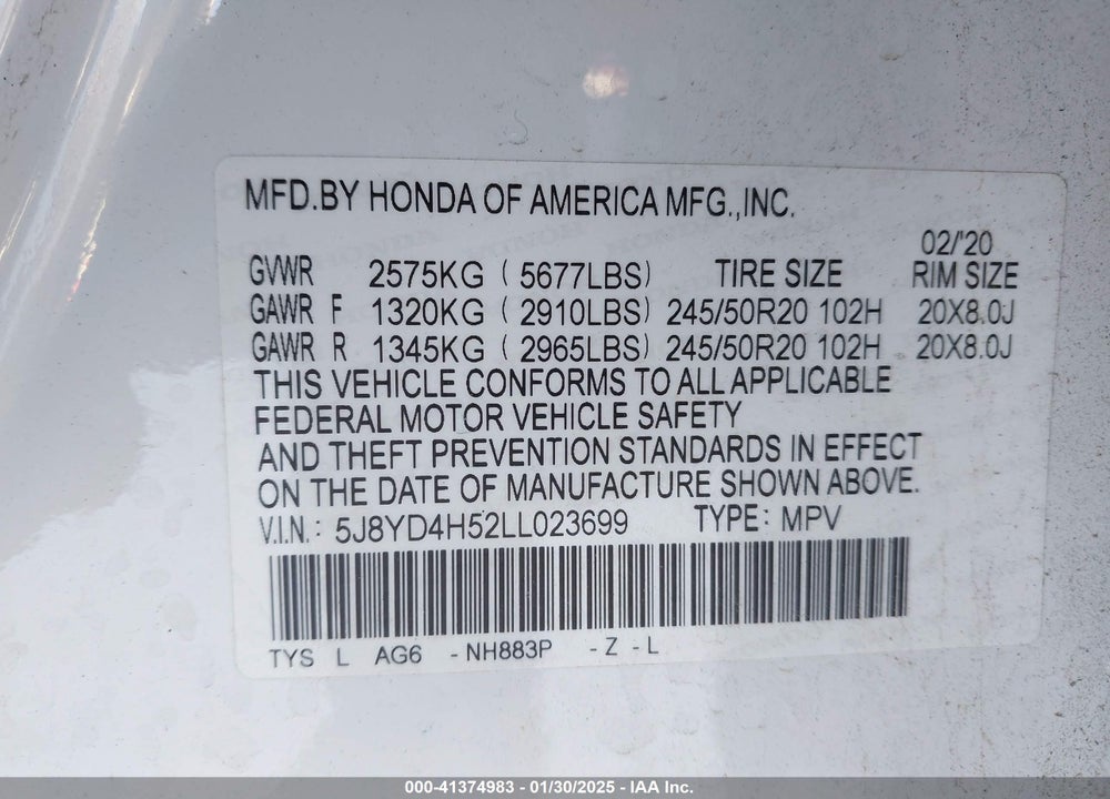 2020 ACURA MDX TECHNOLOGY PACKAGE VIN: 5J8YD4H52LL023699