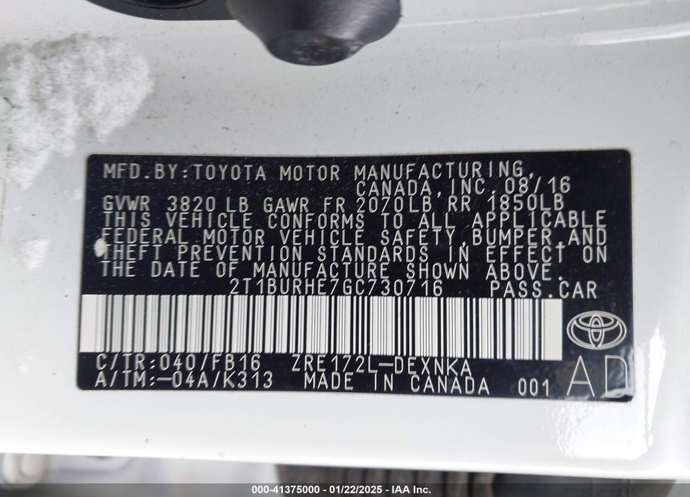 2016 TOYOTA COROLLA VIN: 2T1BURHE7GC730716
