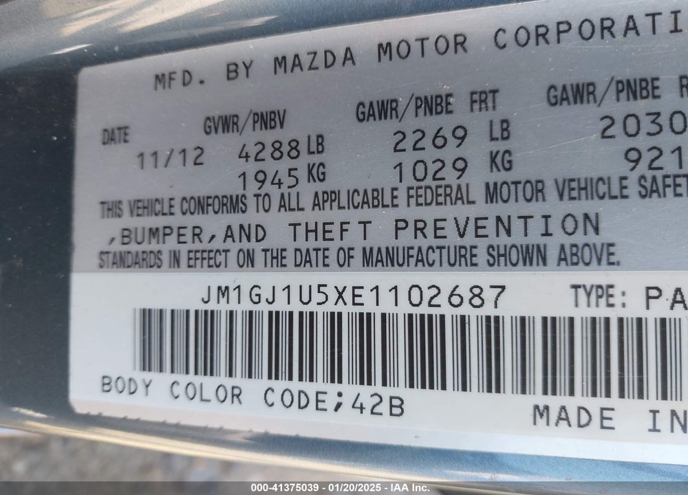 2014 MAZDA 6 I SPORT VIN: JM1GJ1U5XE1102687