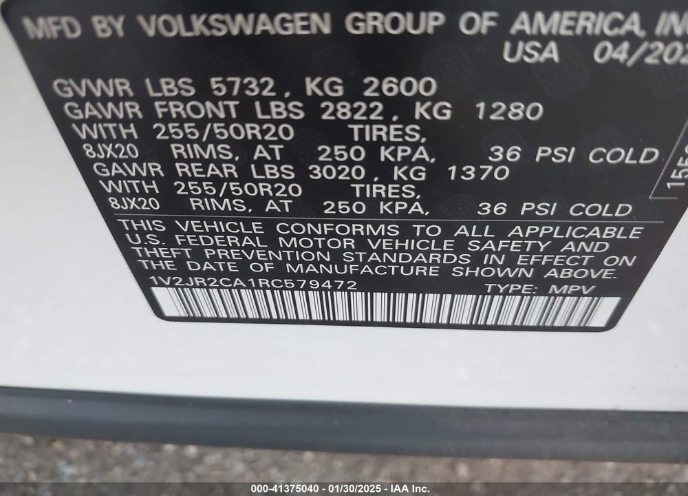 2024 VOLKSWAGEN ATLAS VIN: 1V2JR2CA1RC579472