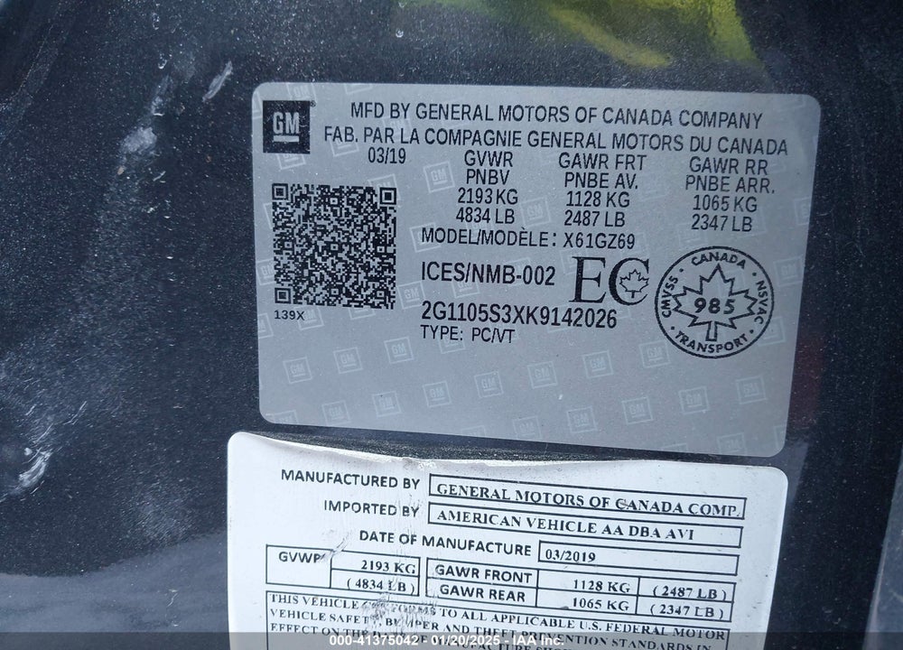 2019 CHEVROLET IMPALA VIN: 2G1105S3XK9142026