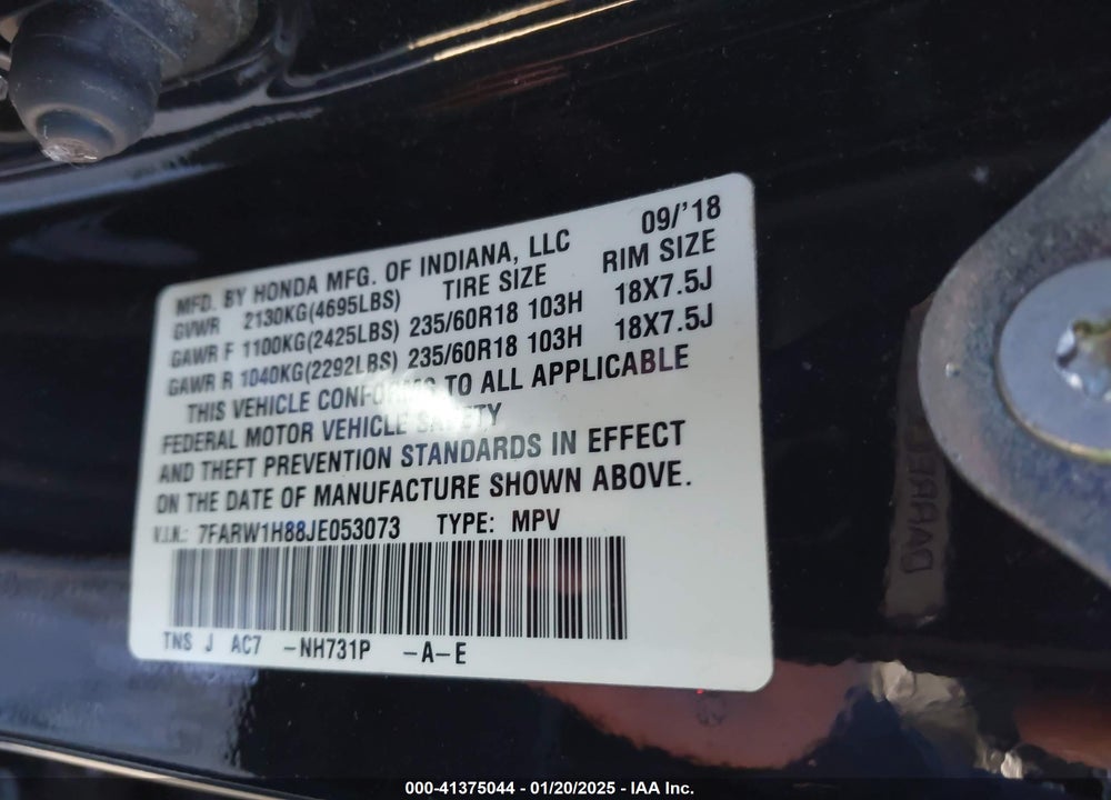 2018 HONDA CR-V EX-L/EX-L NAVI VIN: 7FARW1H88JE053073