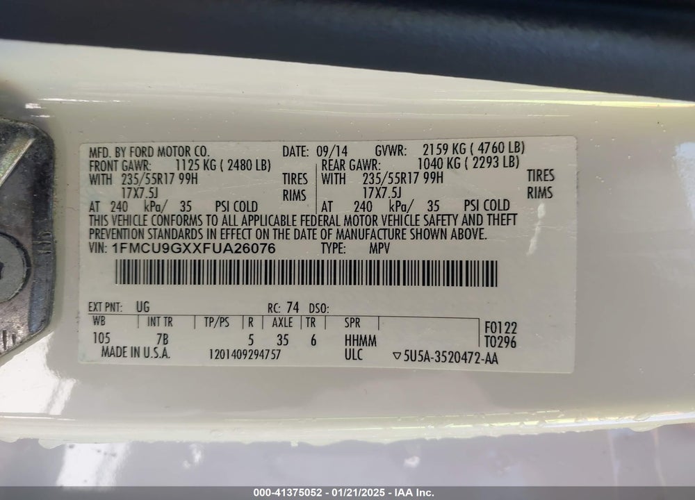 2015 FORD ESCAPE SE VIN: 1FMCU9GXXFUA26076