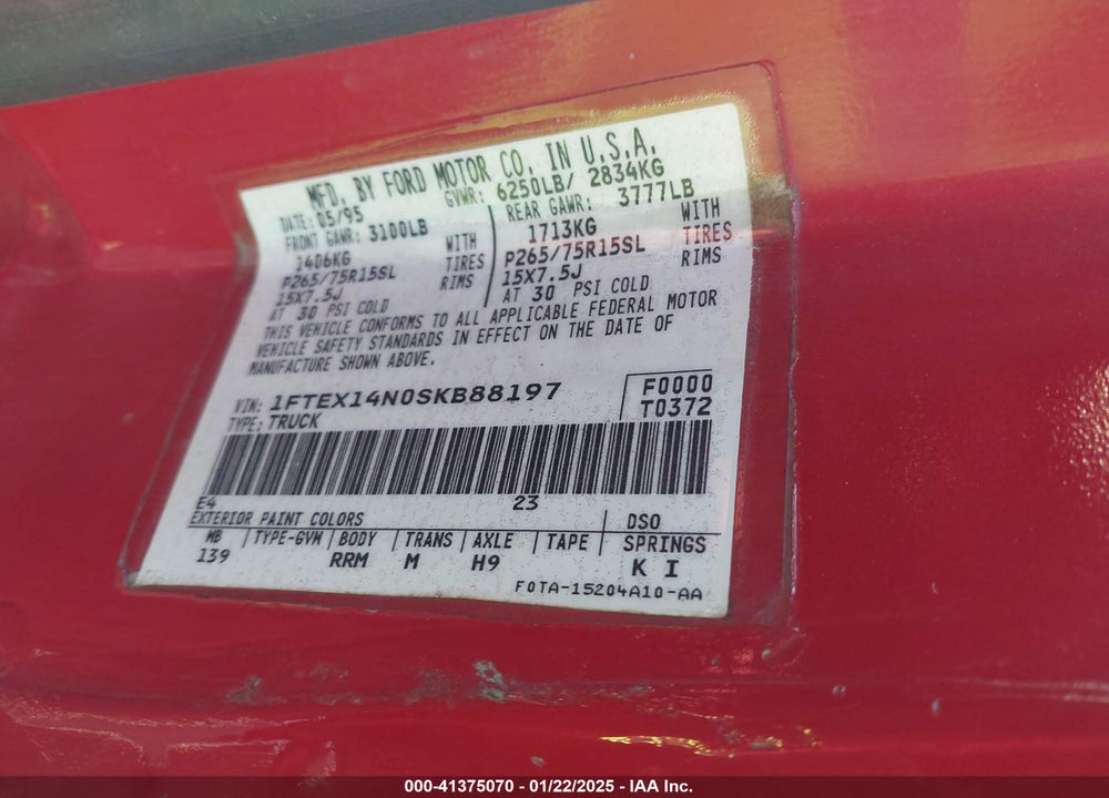 1995 FORD F150 VIN: 1FTEX14N0SKB88197