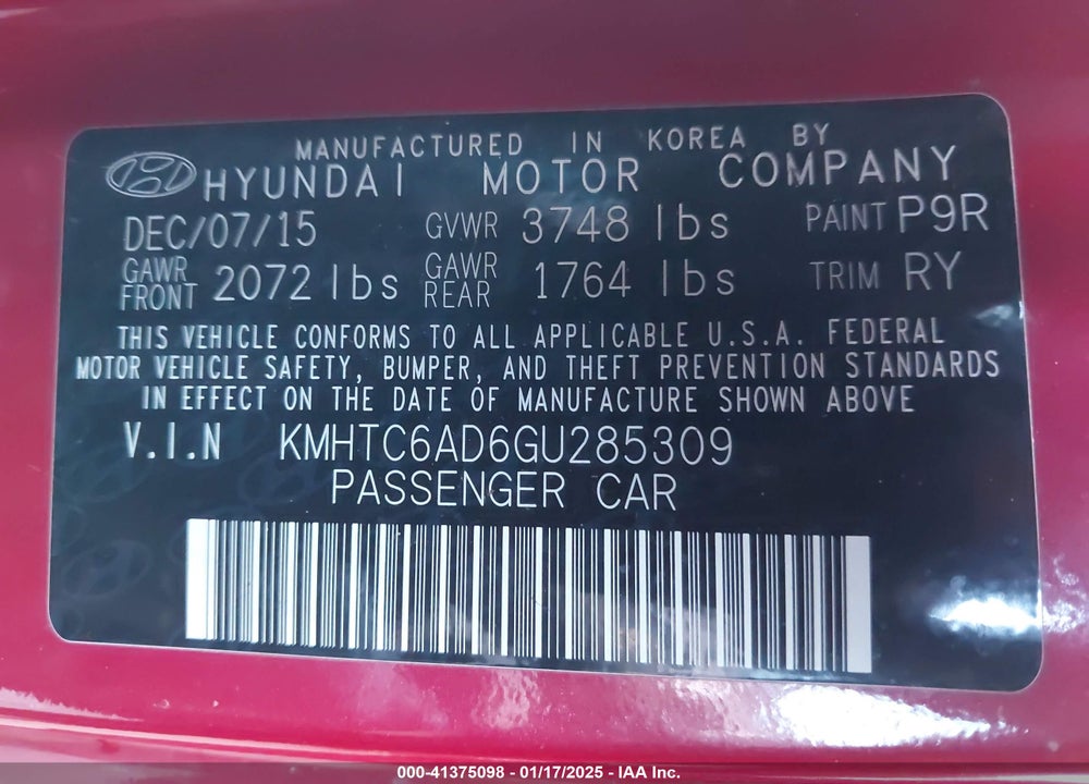 2016 HYUNDAI VELOSTER VIN: KMHTC6AD6GU285309