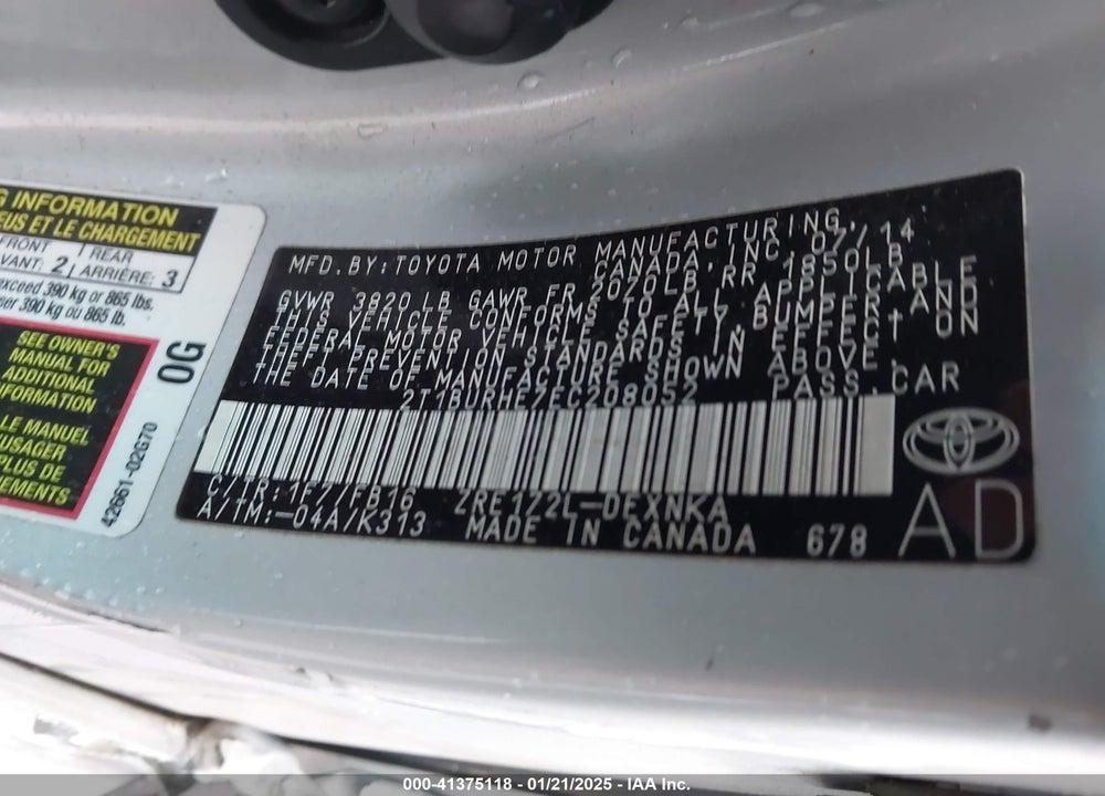 2014 TOYOTA COROLLA VIN: 2T1BURHE7EC208052