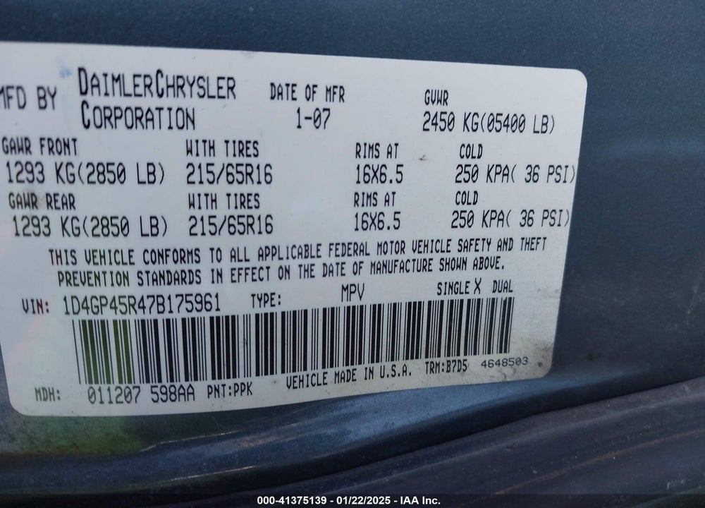 2007 DODGE CARAVAN SXT VIN: 1D4GP45R47B175961