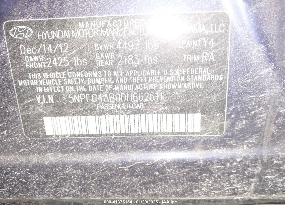 2013 HYUNDAI SONATA LIMITED 2.0T VIN: 5NPEC4AB9DH662611
