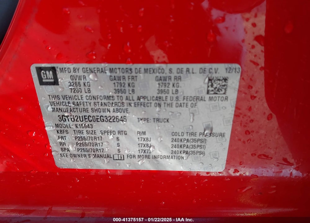 2014 GMC SIERRA 1500 VIN: 3GTU2UEC0EG322646