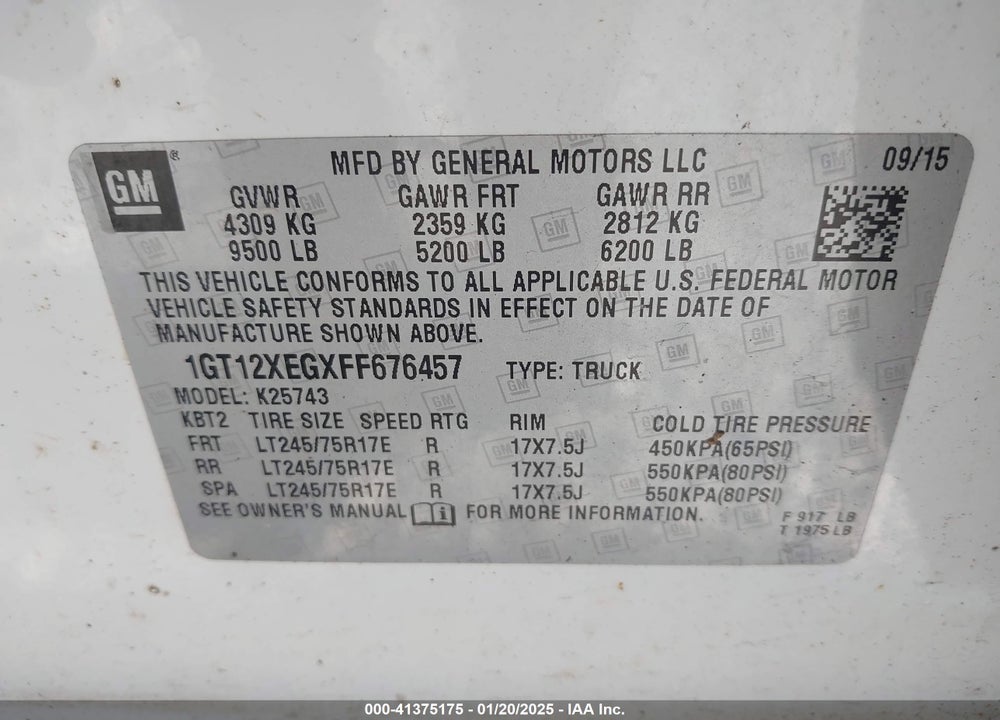 2015 GMC SIERRA 2500HD VIN: 1GT12XEGXFF676457