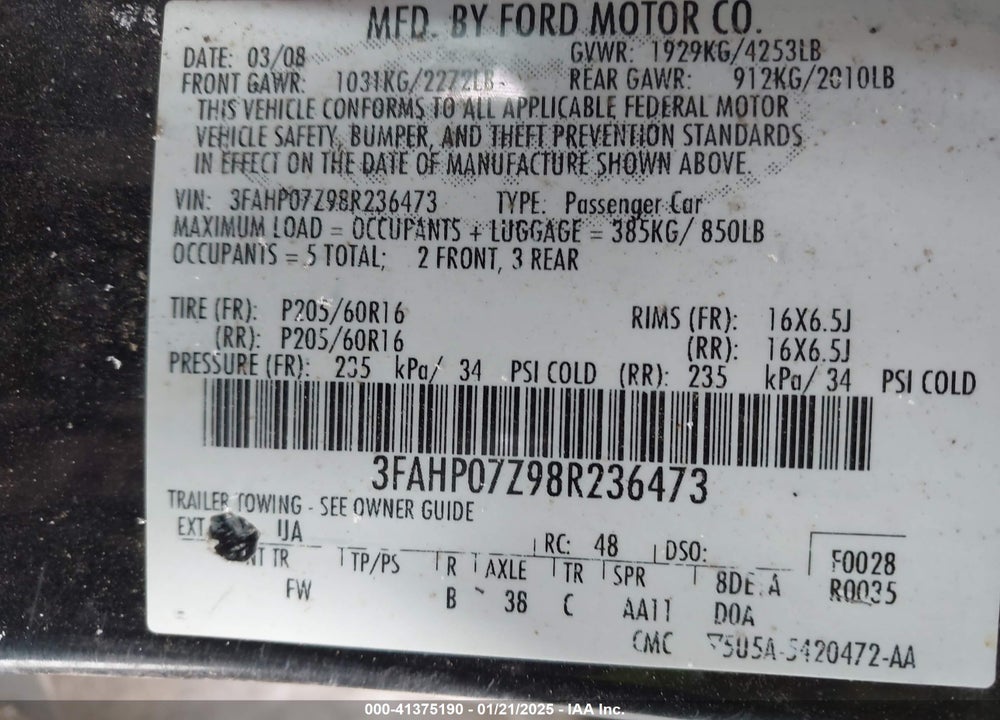 2008 FORD FUSION SE VIN: 3FAHP07Z98R236473