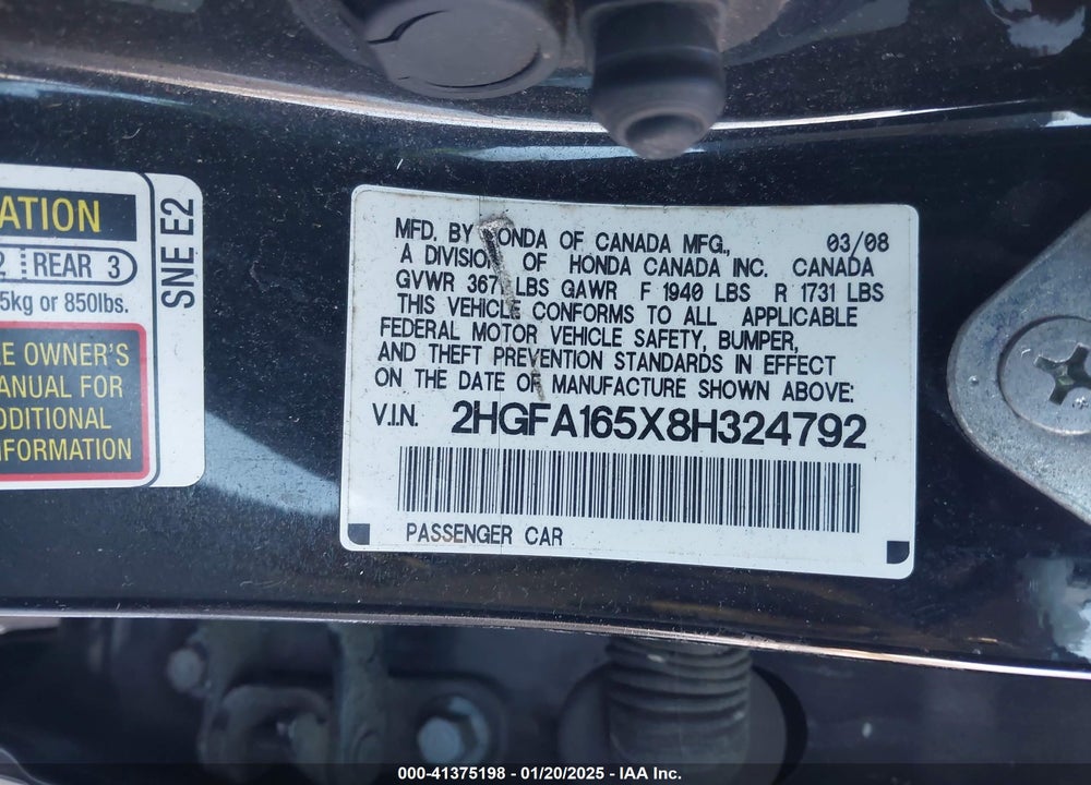 2008 HONDA CIVIC LX VIN: 2HGFA165X8H324792