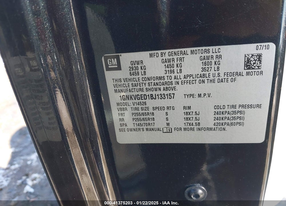 2011 CHEVROLET TRAVERSE VIN: 1GNKVGED1BJ133157