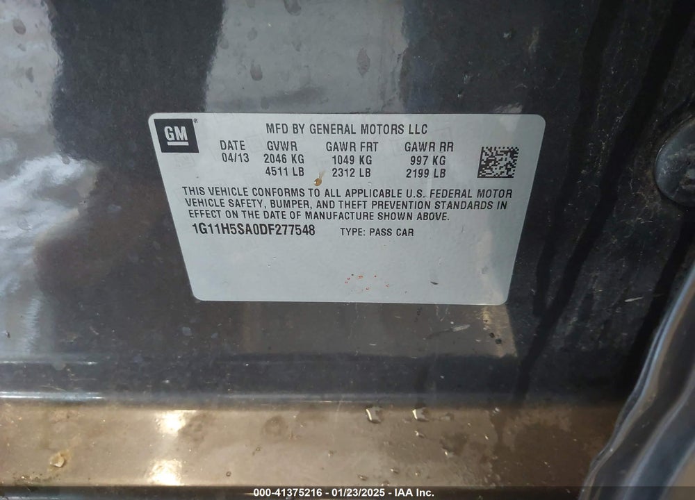 2013 CHEVROLET MALIBU VIN: 1G11H5SA0DF277548
