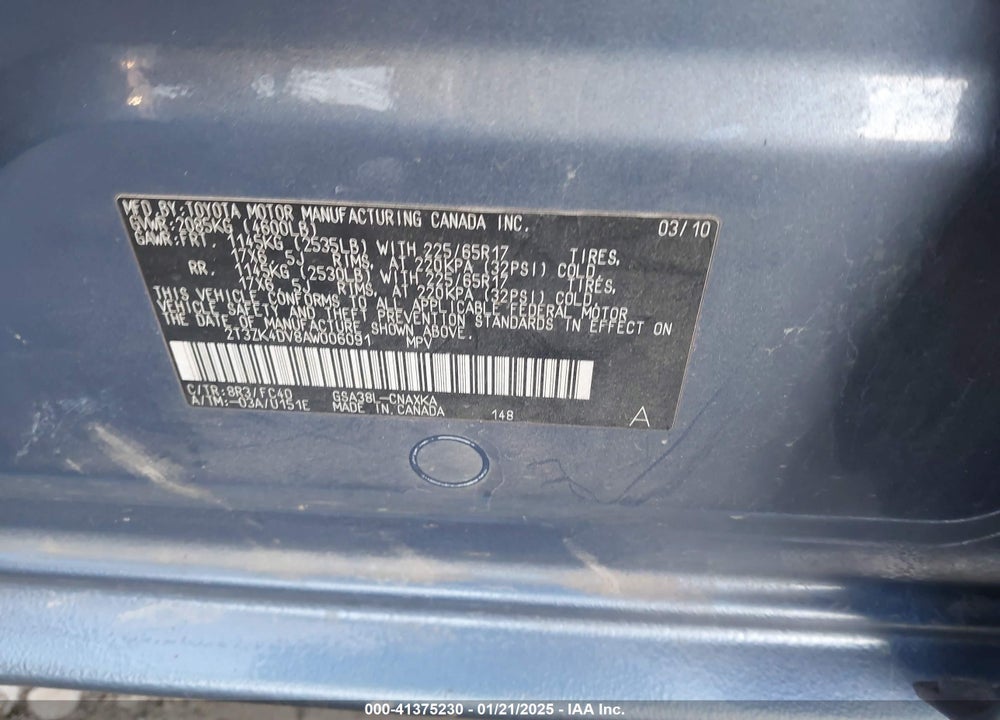 2010 TOYOTA RAV4 BASE V6 VIN: 2T3ZK4DV8AW006091