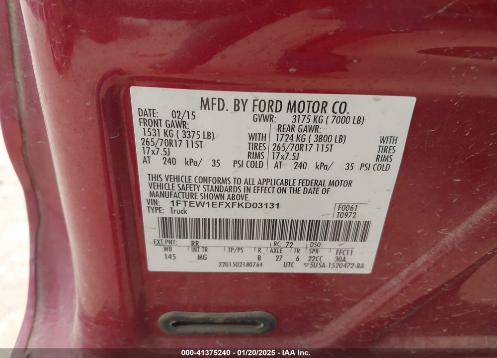 2015 FORD F150 VIN: 1FTEW1EFXFKD03131