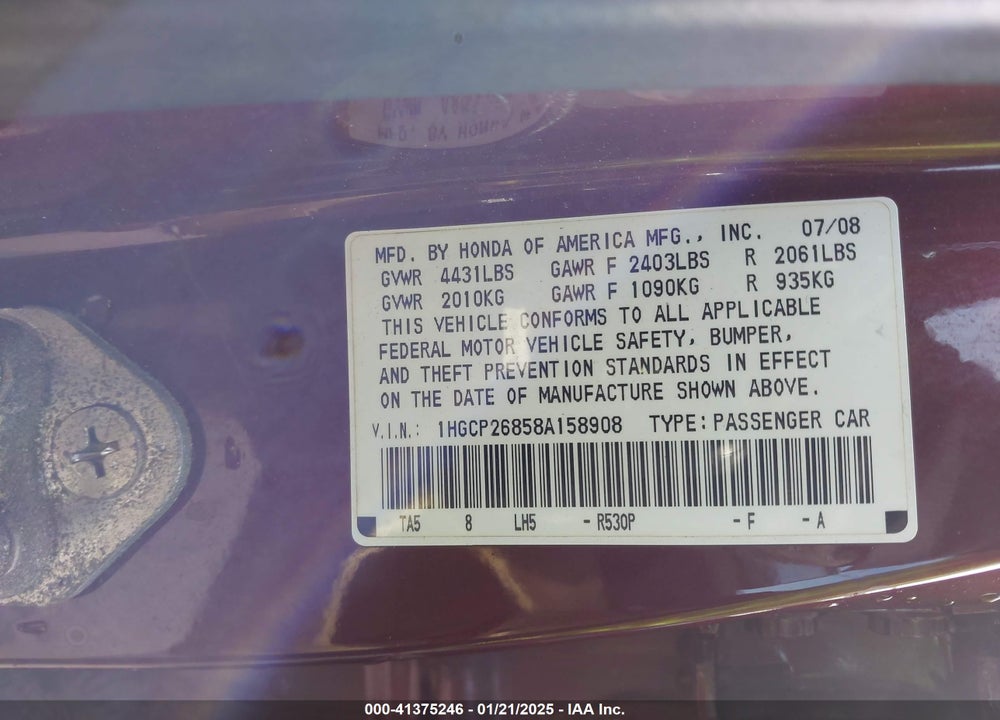 2008 HONDA ACCORD 2.4 EX-L VIN: 1HGCP26858A158908