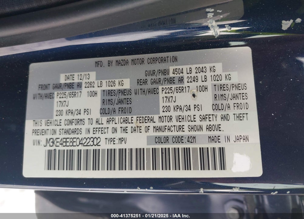 2014 MAZDA CX-5 SPORT VIN: JM3KE4BE8E0422302