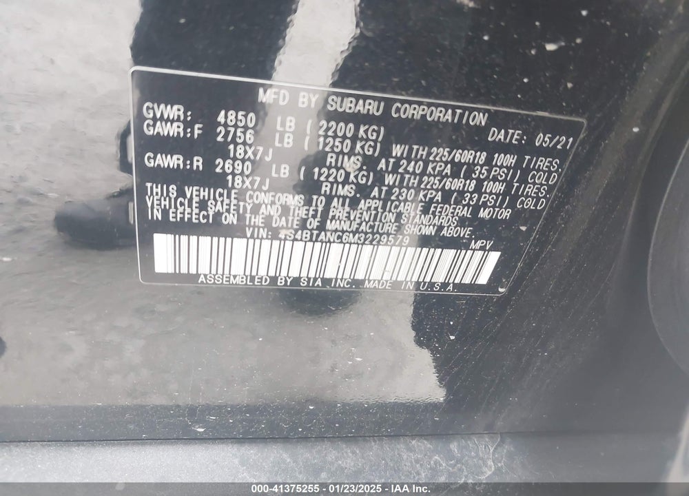 2021 SUBARU OUTBACK LIMITED VIN: 4S4BTANC6M3229579