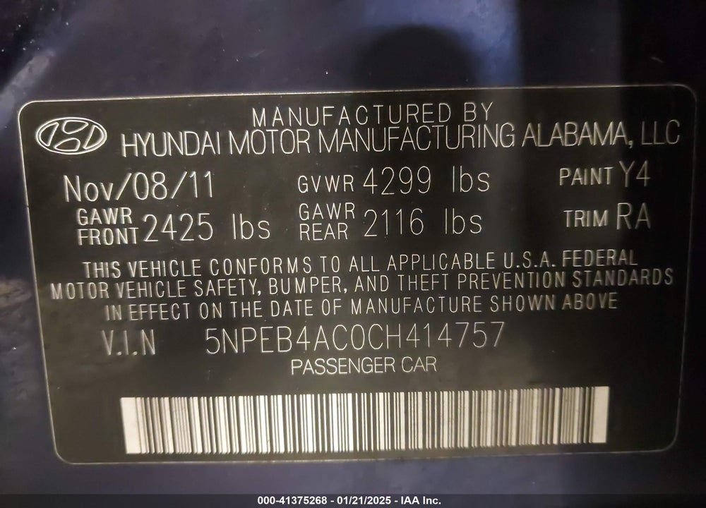 2012 HYUNDAI SONATA VIN: 5NPEB4AC0CH414757