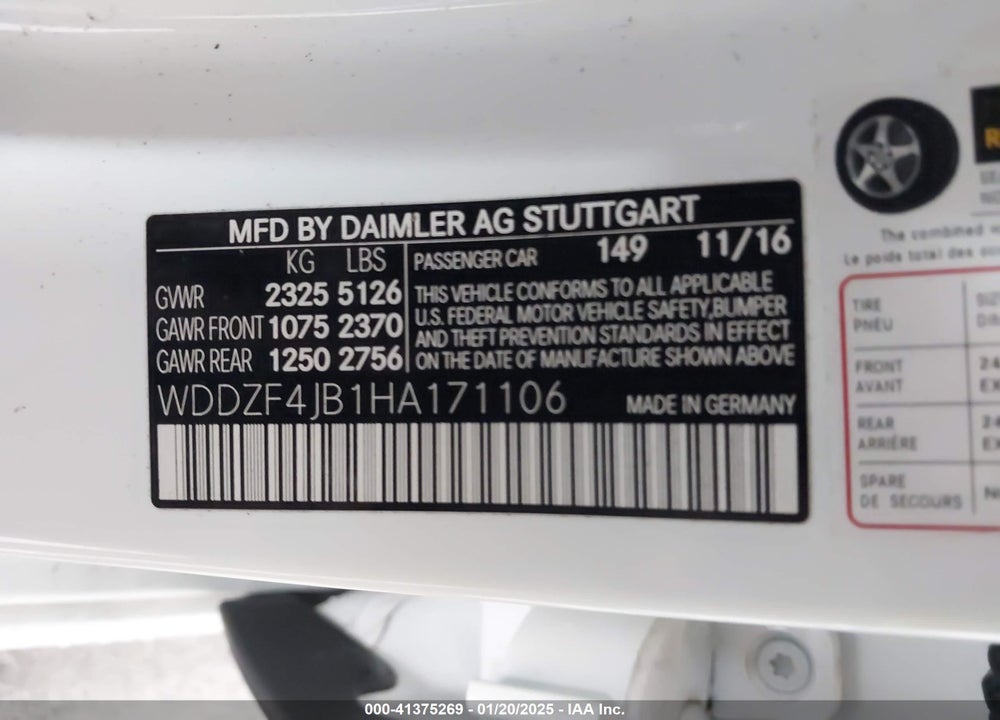 2017 MERCEDES-BENZ E VIN: WDDZF4JB1HA171106